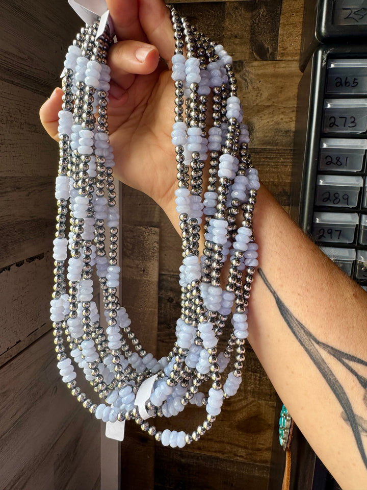 Blue Lace Agate & Sterling Silver Pearl Necklace – 20 ½” Plus Extender Necklaces Shopify Collective The Bijoux FAB Jewelry The Bijoux FAB Jewelry