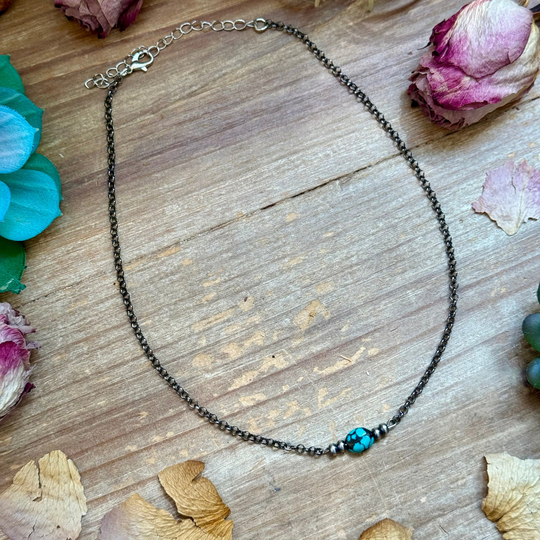 Dark Turquoise Center & Sterling Saucer Pearl Necklace 16” Choker Shopify Collective The Bijoux FAB Jewelry The Bijoux FAB Jewelry