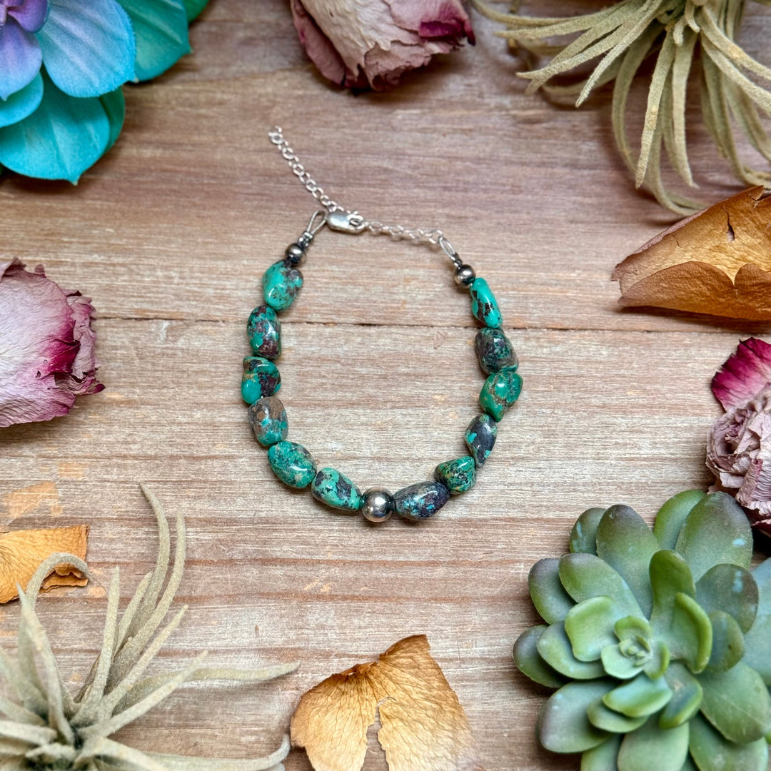 Turquoise Nugget Bracelet with Sterling Silver Pearls – 7” + Extender Bracelets Shopify Collective The Bijoux FAB Jewelry The Bijoux FAB Jewelry