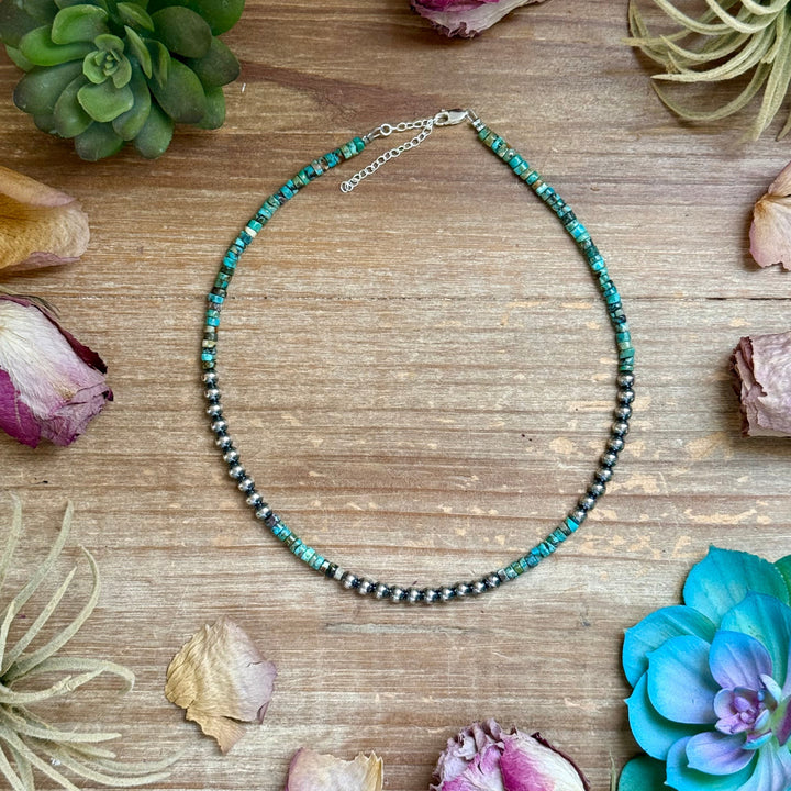 15” Heishi Turquoise Necklace – 4mm Turquoise & 5mm Sterling Silver Pearls Necklaces Shopify Collective The Bijoux FAB Jewelry The Bijoux FAB Jewelry