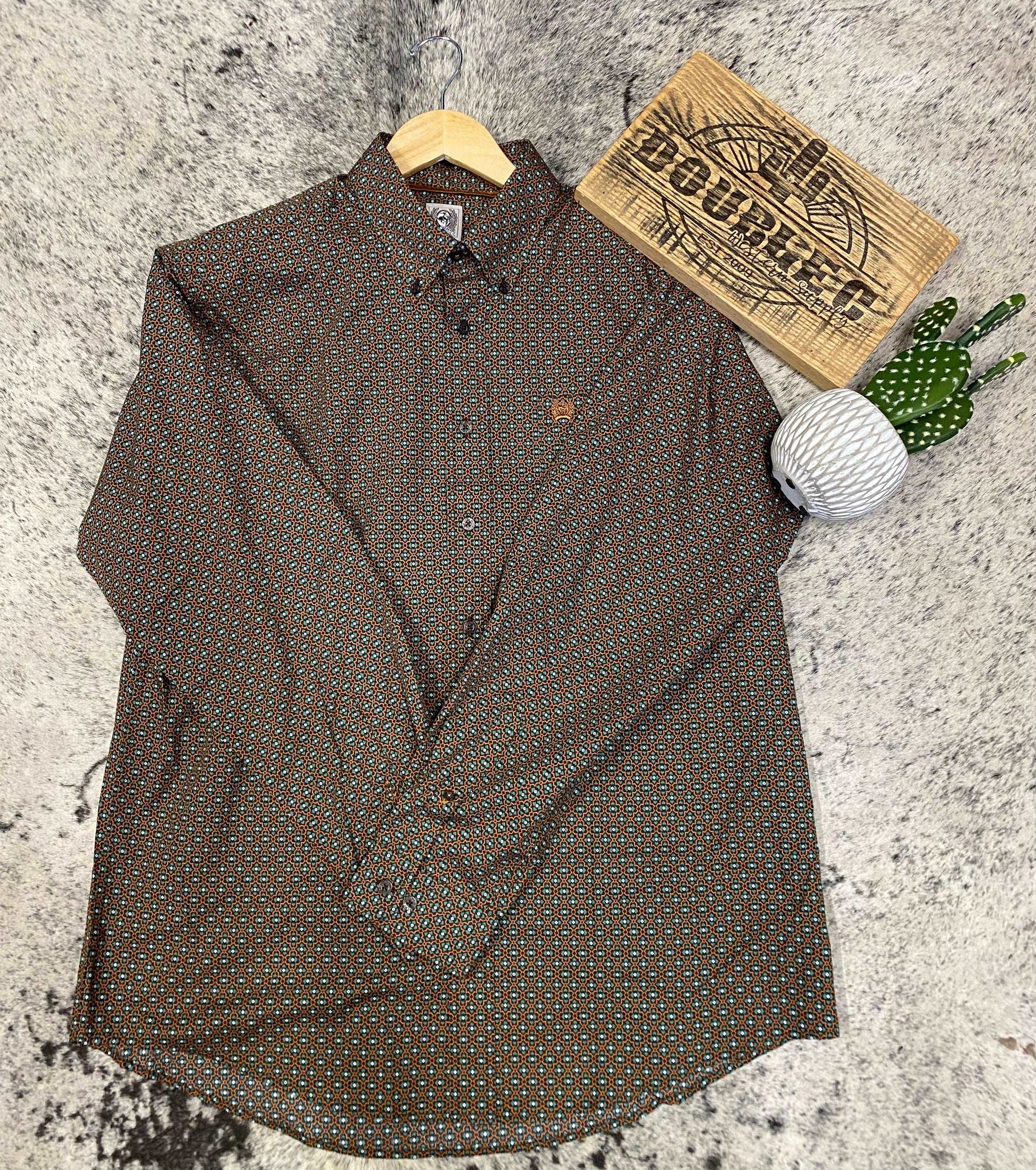 Men's Geometric Print Button-Down Western Shirt - Brown Men's Clothing Cinch