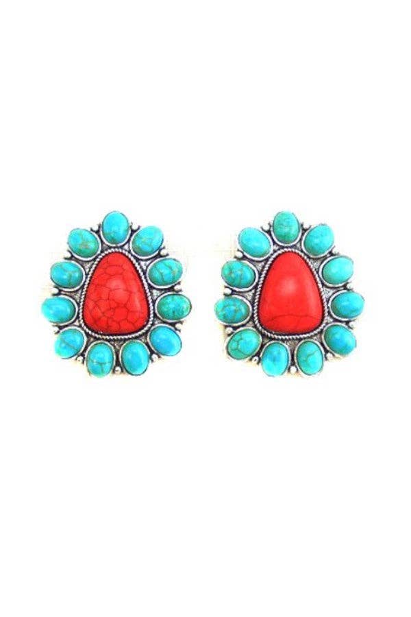 WESTERN CONCHO POST EARRINGS Earrings TURQUOISE CORAL Snowing West