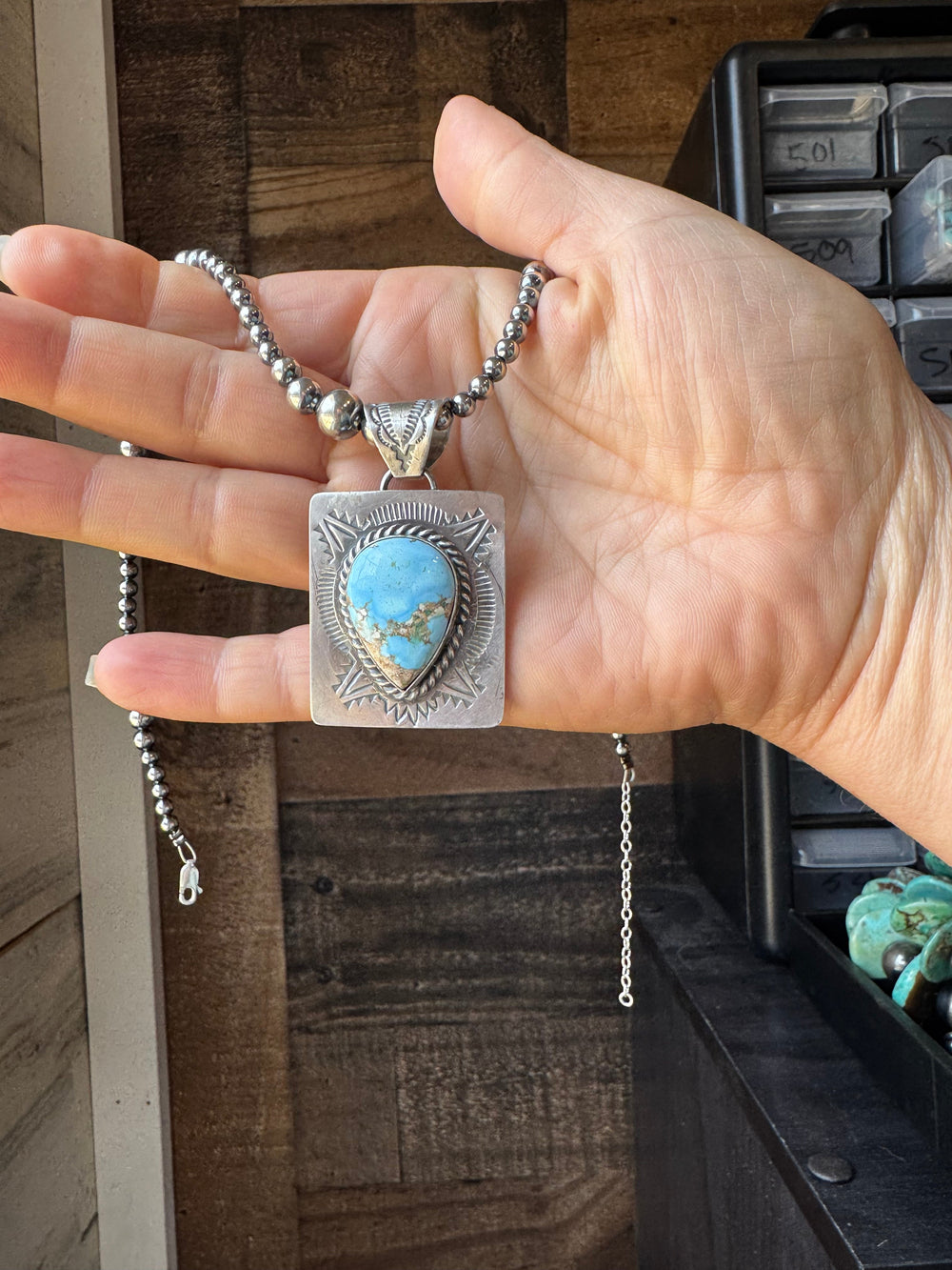 Golden Hill Turquoise Pendant – Navajo Handmade by Ned Nez, Sterling Silver Pendant Shopify Collective The Bijoux FAB Jewelry The Bijoux FAB Jewelry
