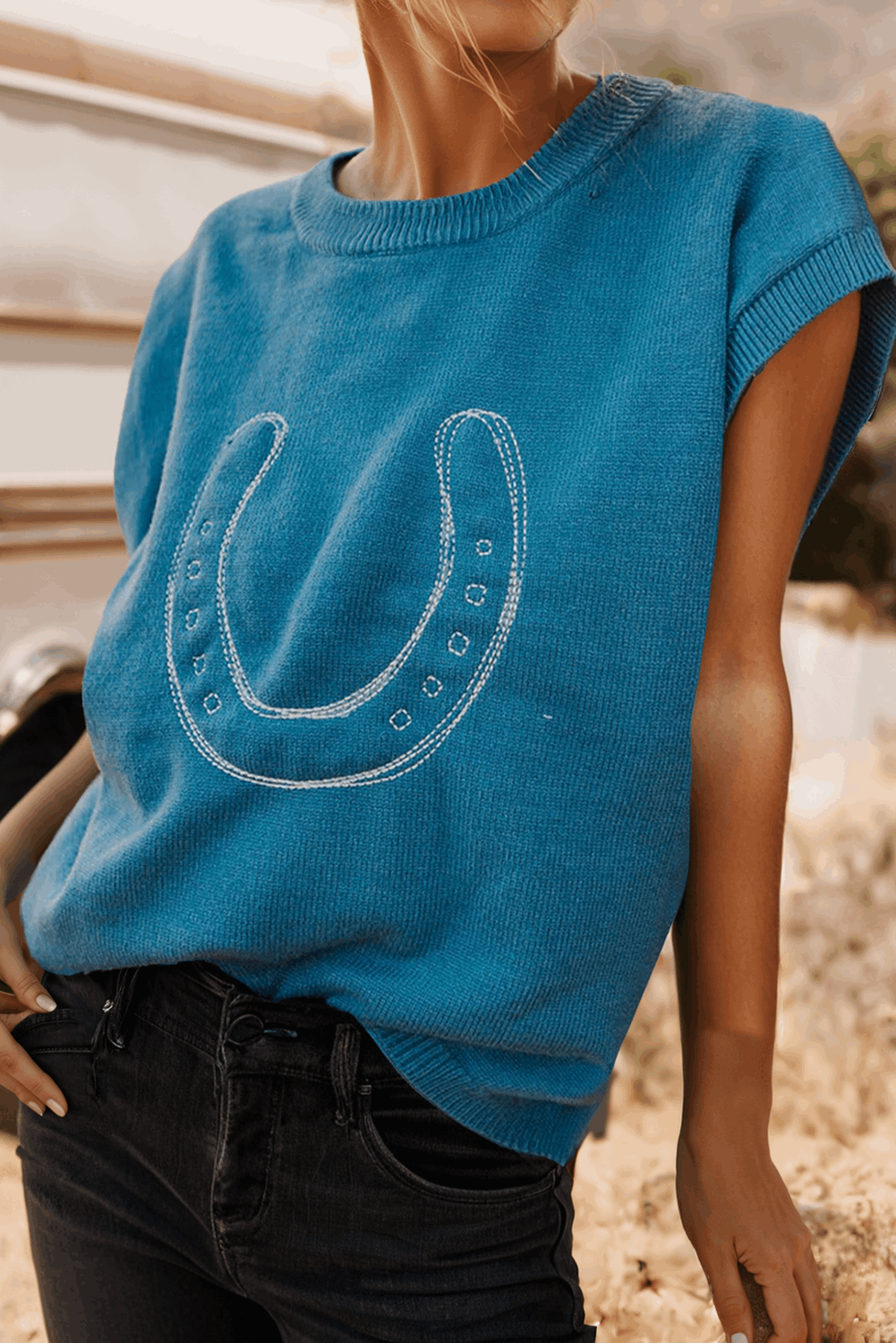 Western Horse Shoe Embroidered Loose Short Sleeve Sweater Sweater Light Blue Women's fashionworks