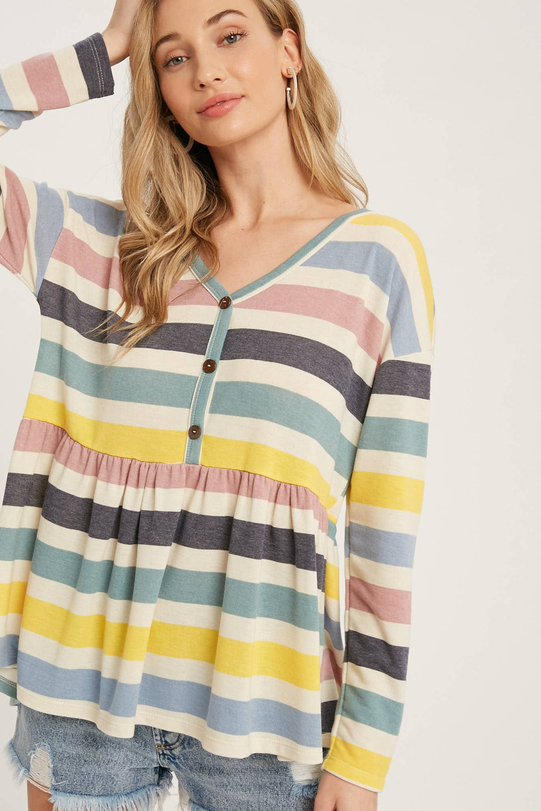 BUTTON FRONT MULTI STRIPE TOP Shirt 60% off Women's Bluivy
