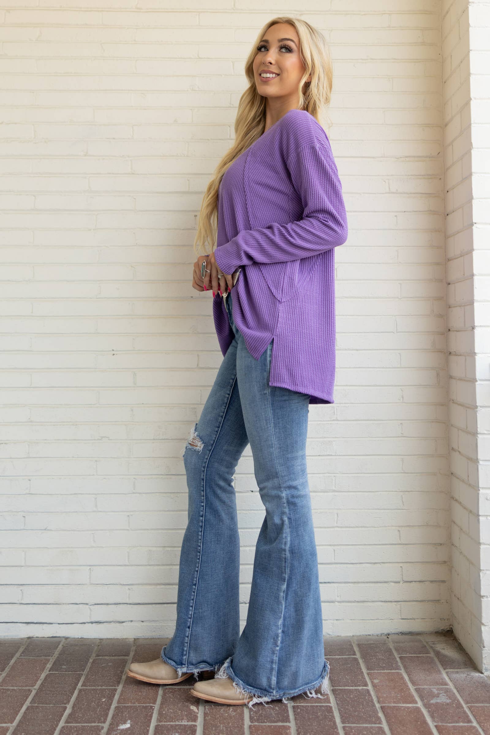 Curly Rib V Neck Long Sleeve Top Andrée by Unit