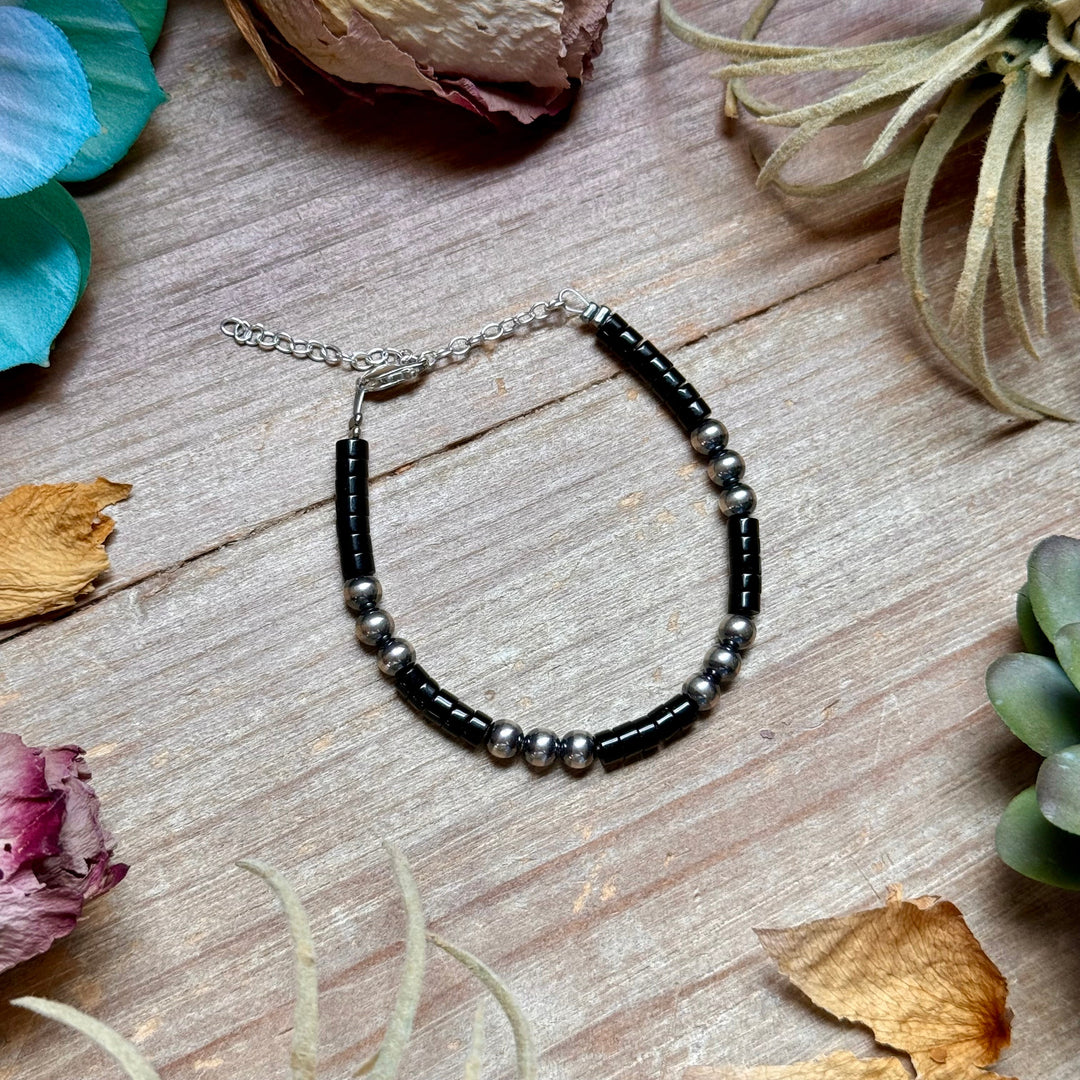 Black Onyx & Sterling Silver Bracelet – 6 1/4" – 5mm Bracelets Shopify Collective The Bijoux FAB Jewelry The Bijoux FAB Jewelry