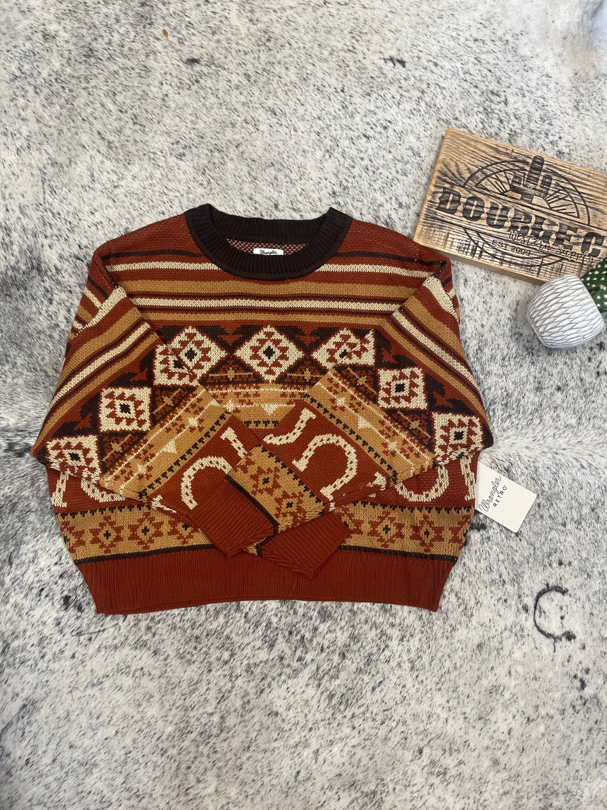 WOMEN'S WRANGLER RETRO® SOUTHWESTERN PULLOVER SWEATER IN HORSESHOE BURGUNDAY Sweater Wrangler