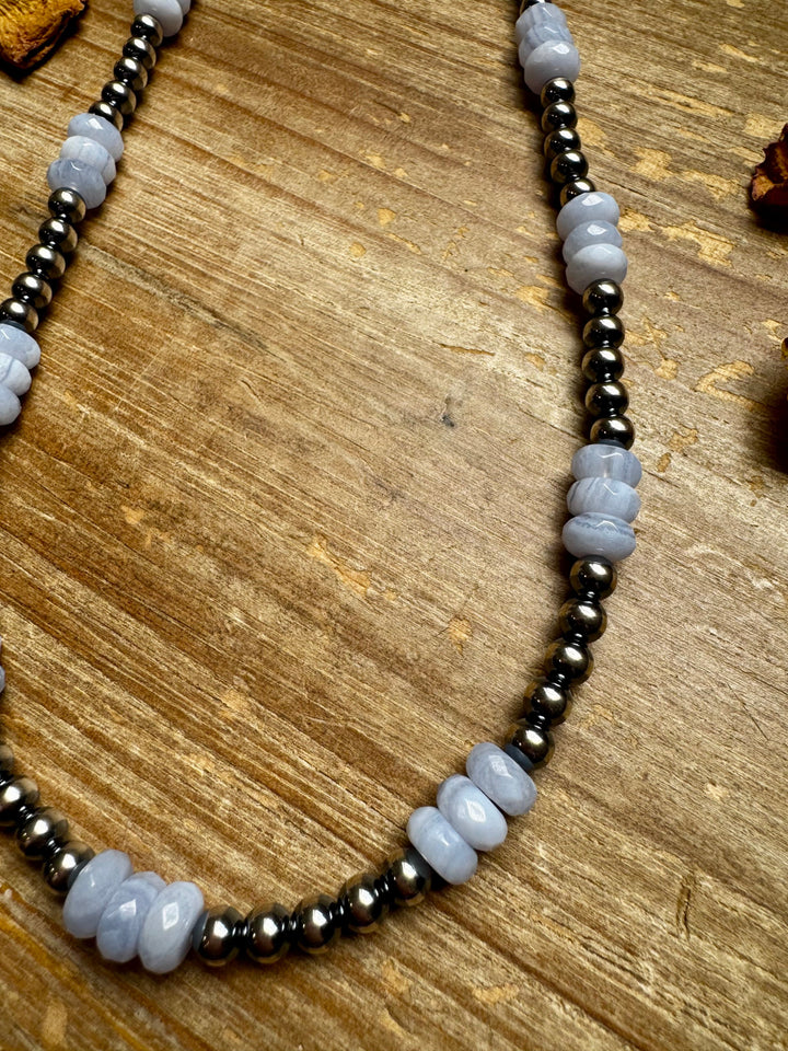 Blue Lace Agate & Sterling Silver Pearl Necklace – 20 ½” Plus Extender Necklaces Shopify Collective The Bijoux FAB Jewelry The Bijoux FAB Jewelry