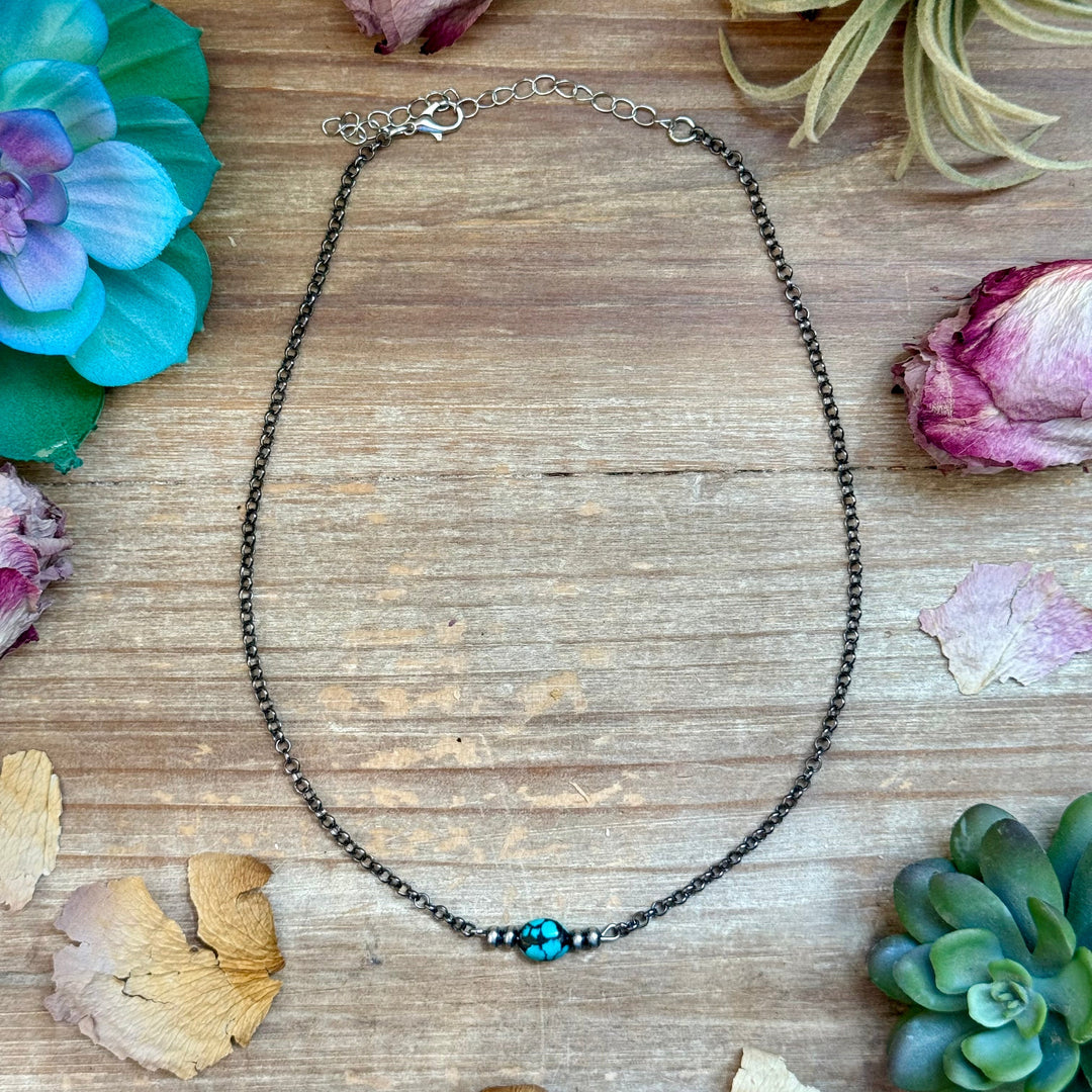 Dark Turquoise Center & Sterling Saucer Pearl Necklace 16” Choker Shopify Collective The Bijoux FAB Jewelry The Bijoux FAB Jewelry