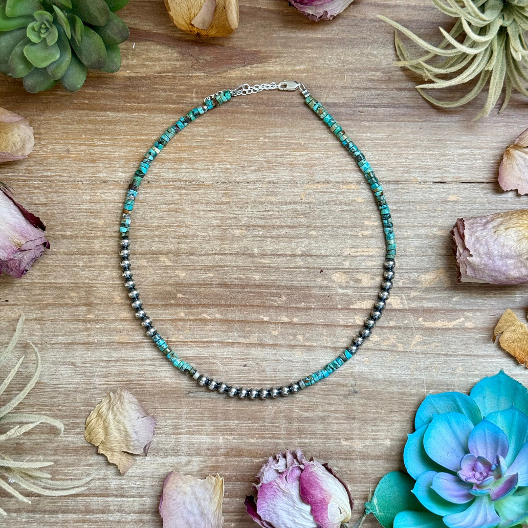 15” Heishi Turquoise Necklace – 4mm Turquoise & 5mm Sterling Silver Pearls Necklaces Shopify Collective The Bijoux FAB Jewelry The Bijoux FAB Jewelry