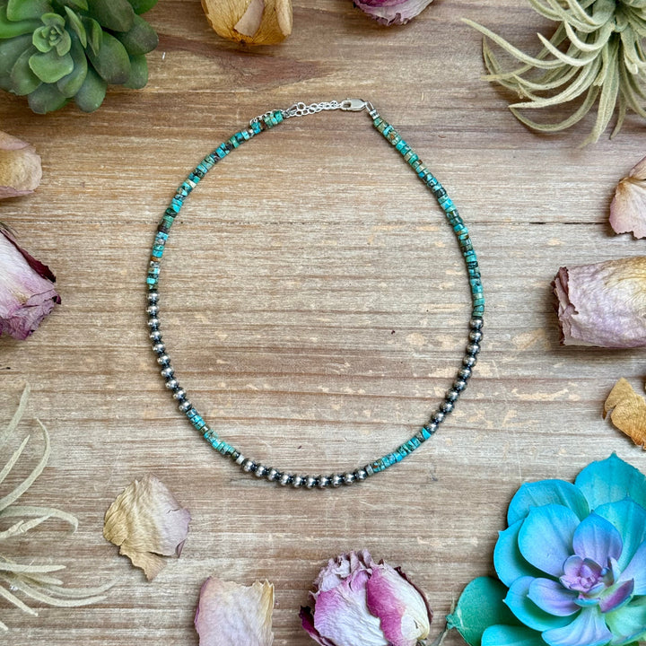 15” Heishi Turquoise Necklace – 4mm Turquoise & 5mm Sterling Silver Pearls Necklaces Shopify Collective The Bijoux FAB Jewelry The Bijoux FAB Jewelry