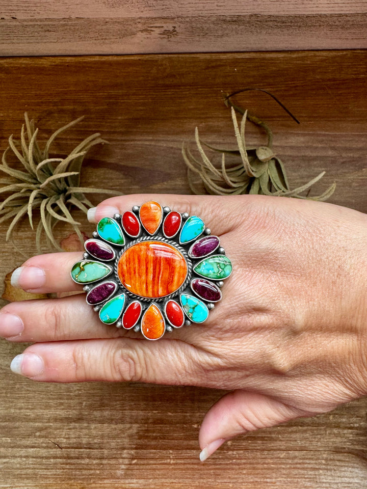 Adjustable Cluster Ring – Spiny Oyster & Sonoran Gold by E. Richards, Native Made ring Shopify Collective The Bijoux FAB Jewelry The Bijoux FAB Jewelry