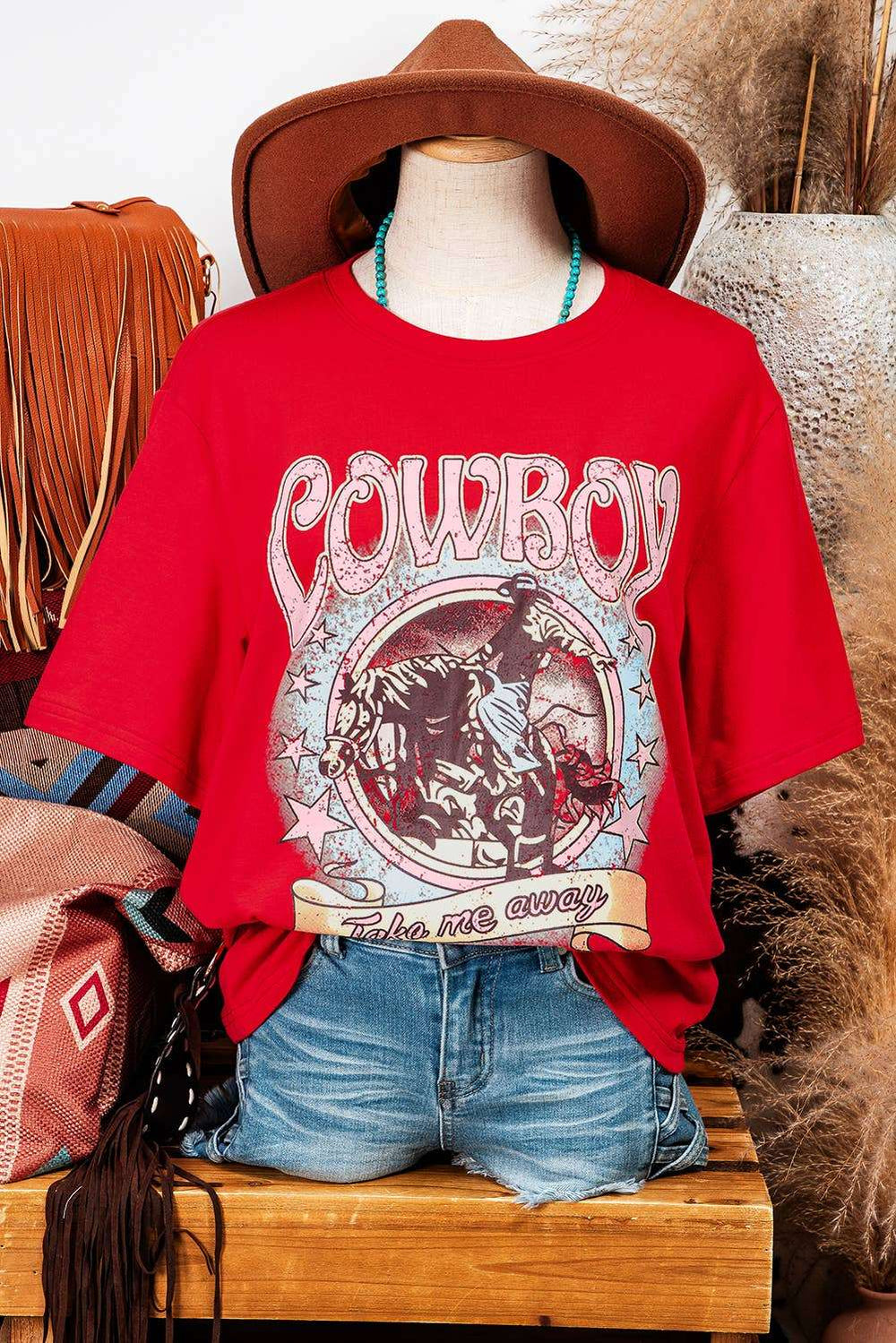 Fashion-W COWBOY Take Me Away Graphic Western Loose Tee T Shirt Women's fashionworks
