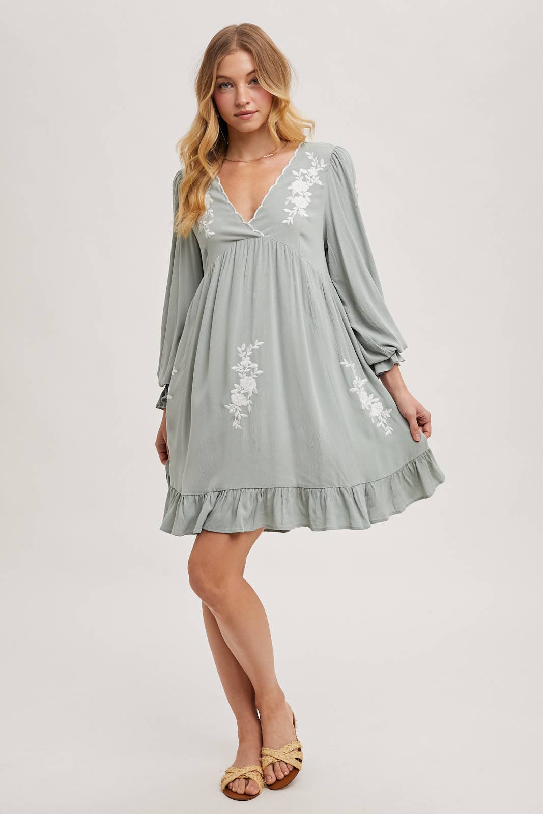 EMBROIDERED V-NECK RUFFLED DRESS dress Bluivy