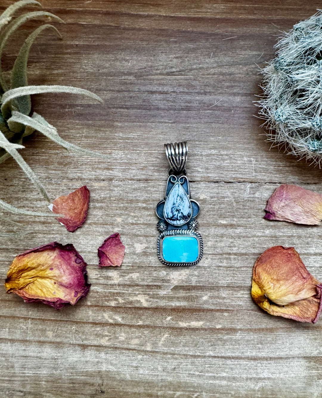 2 stone Pendant - Golden Hill turquoise, White Buffalo & Sterling Silver - option 3 Pendant Shopify Collective The Bijoux FAB Jewelry The Bijoux FAB Jewelry