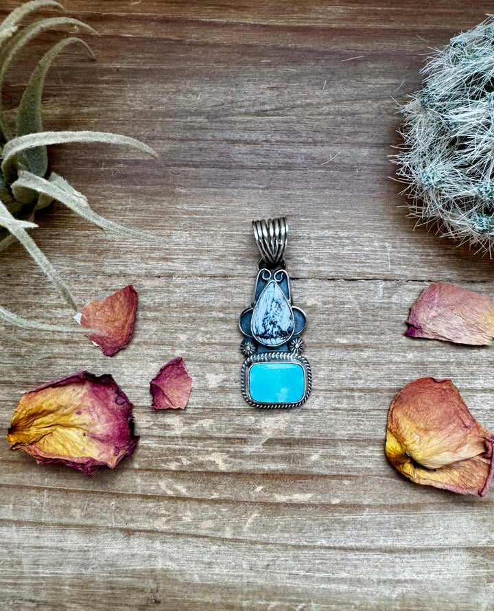 2 stone Pendant - Golden Hill turquoise, White Buffalo & Sterling Silver - option 3 Pendant Shopify Collective The Bijoux FAB Jewelry The Bijoux FAB Jewelry