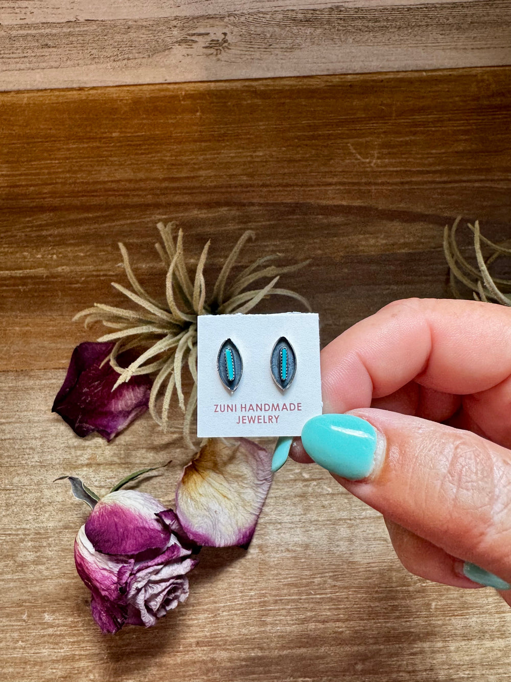 Mini Inlay Earrings – Kingman Turquoise – Sterling Silver – Zuni Made Earrings Shopify Collective The Bijoux FAB Jewelry The Bijoux FAB Jewelry