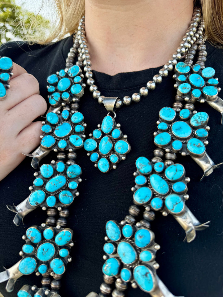 Complete Squash Blossom Set – Kingman Turquoise – Sterling Silver – Navajo Made by Wilson Dawes jewelry set Shopify Collective The Bijoux FAB Jewelry The Bijoux FAB Jewelry