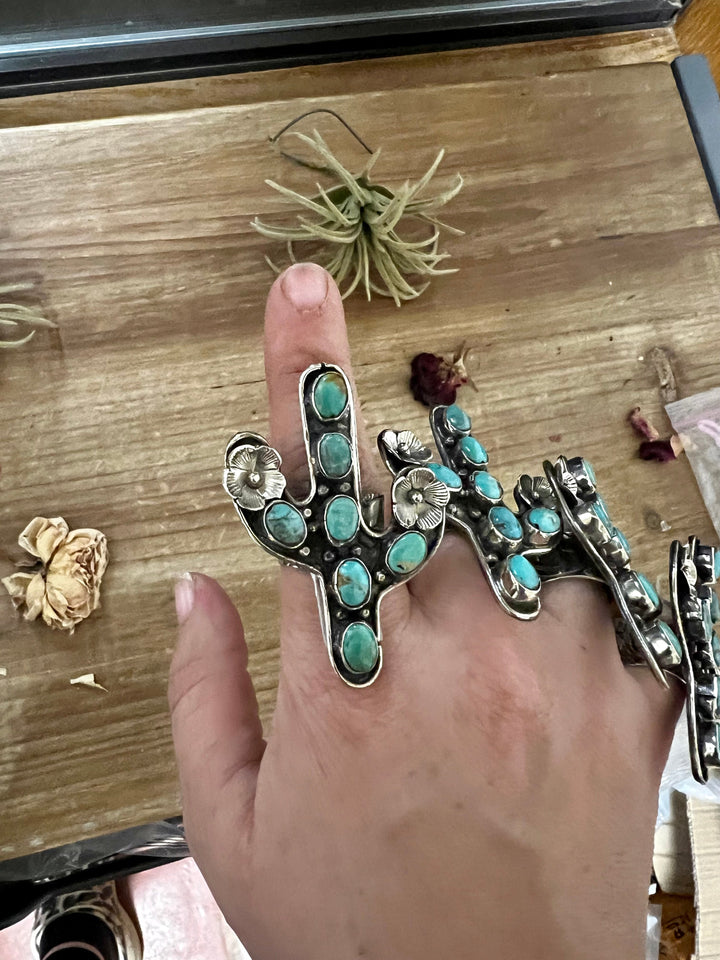 Blue Turquoise Cactus Ring with flower - Adjustable - Brass silver ring Shopify Collective The Bijoux FAB Jewelry The Bijoux FAB Jewelry