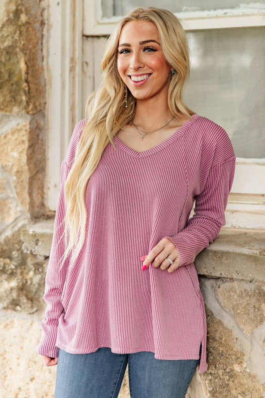 Curly Rib V Neck Long Sleeve Top Andrée by Unit