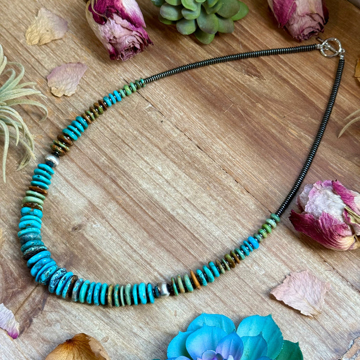 23” Tri Color Turquoise Graduated Necklace – Sterling Silver & Hematite Necklaces Shopify Collective The Bijoux FAB Jewelry The Bijoux FAB Jewelry