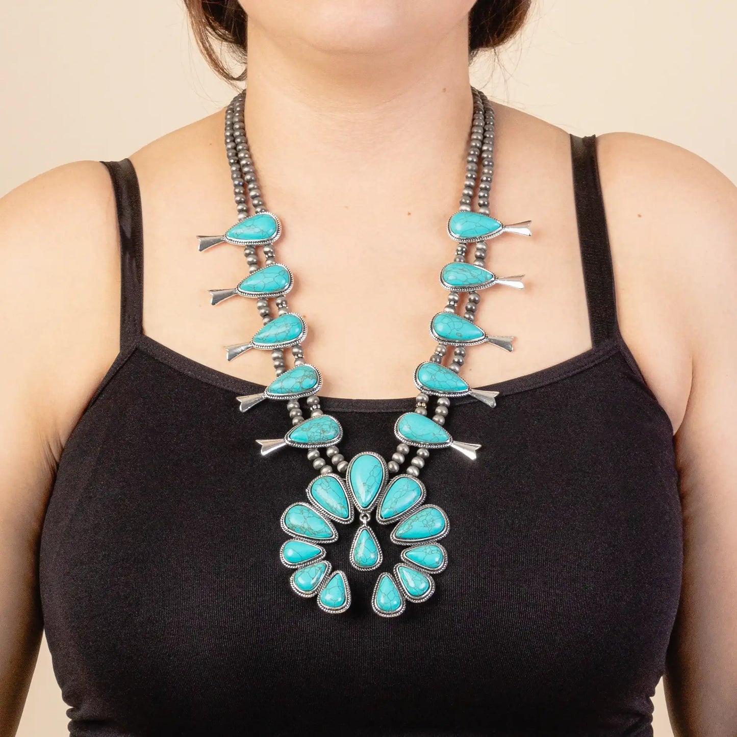 Squash Blossom Necklace - Turquoise & Silver 72841 NECKLACE Double C Western Supply