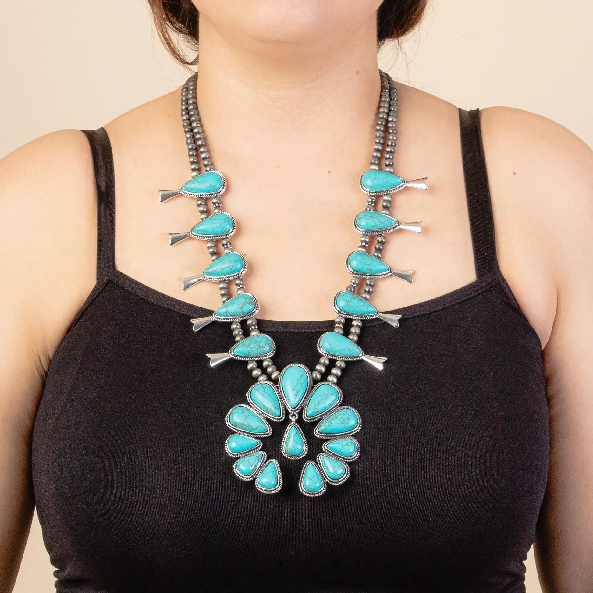 Squash Blossom Necklace - Turquoise & Silver 72841 NECKLACE Double C Western Supply