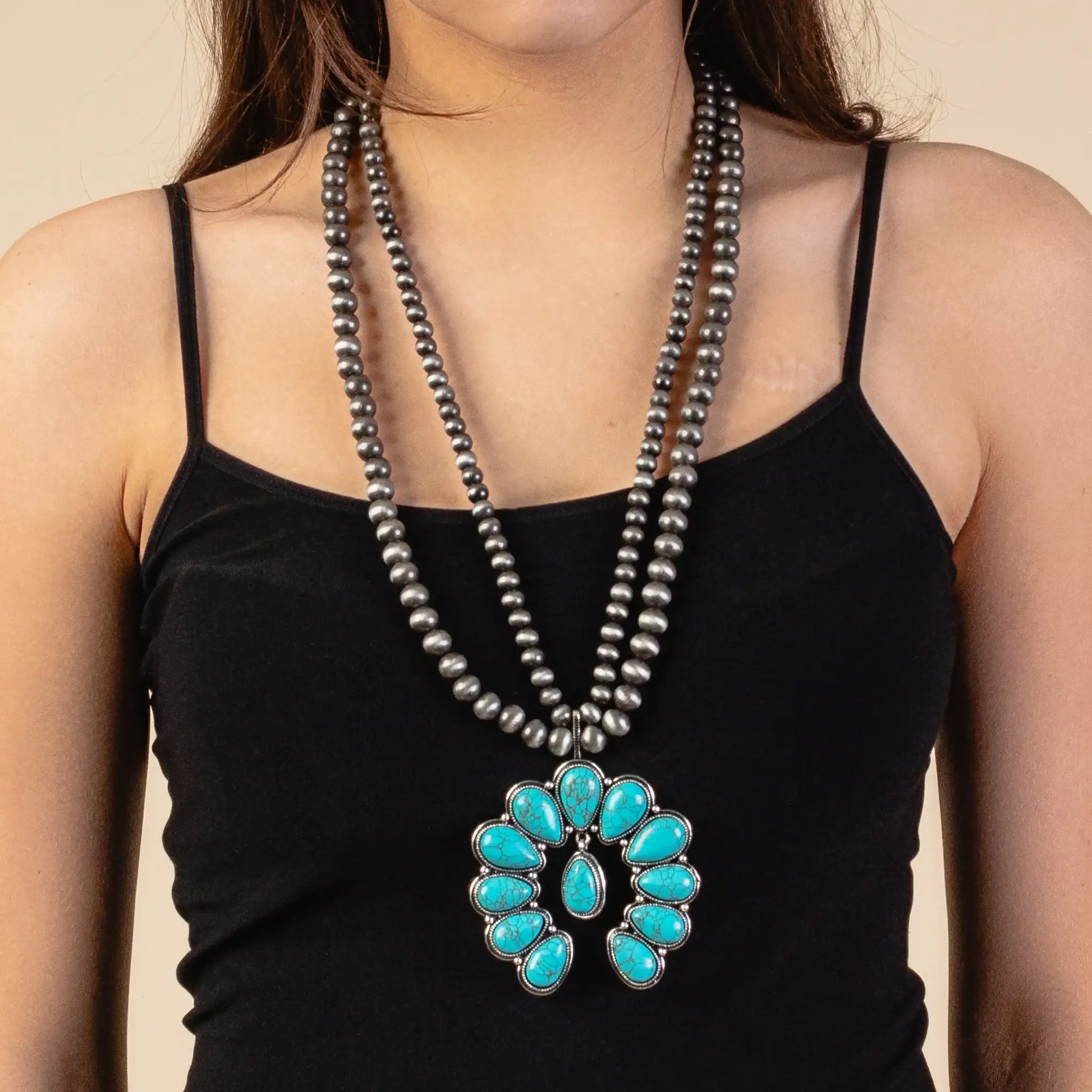 Squash Blossom Necklace - Turquoise & Silver 72874 NECKLACE Double C Western Supply