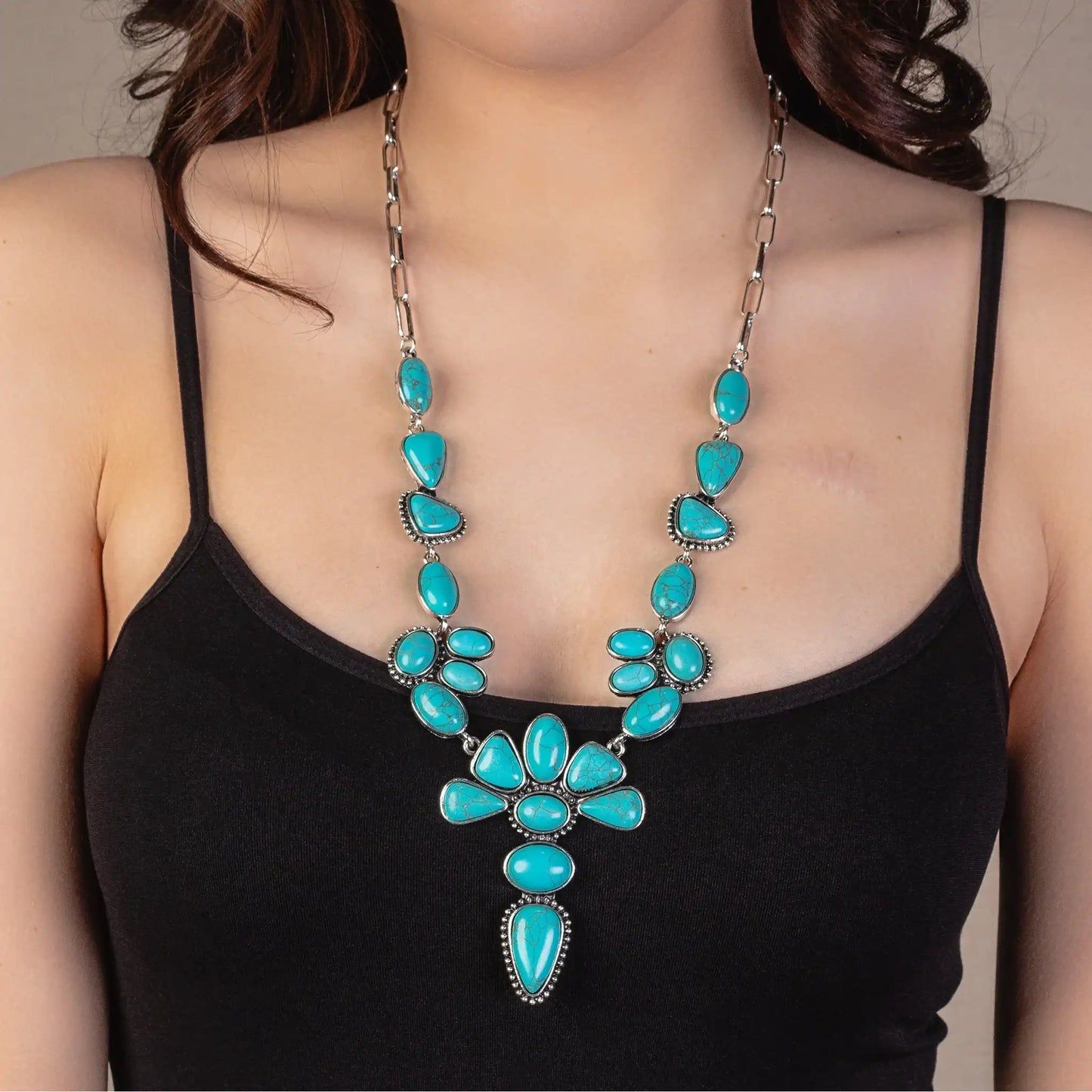 Squash Blossom Necklace - Turquoise & Silver 72876 NECKLACE Double C Western Supply