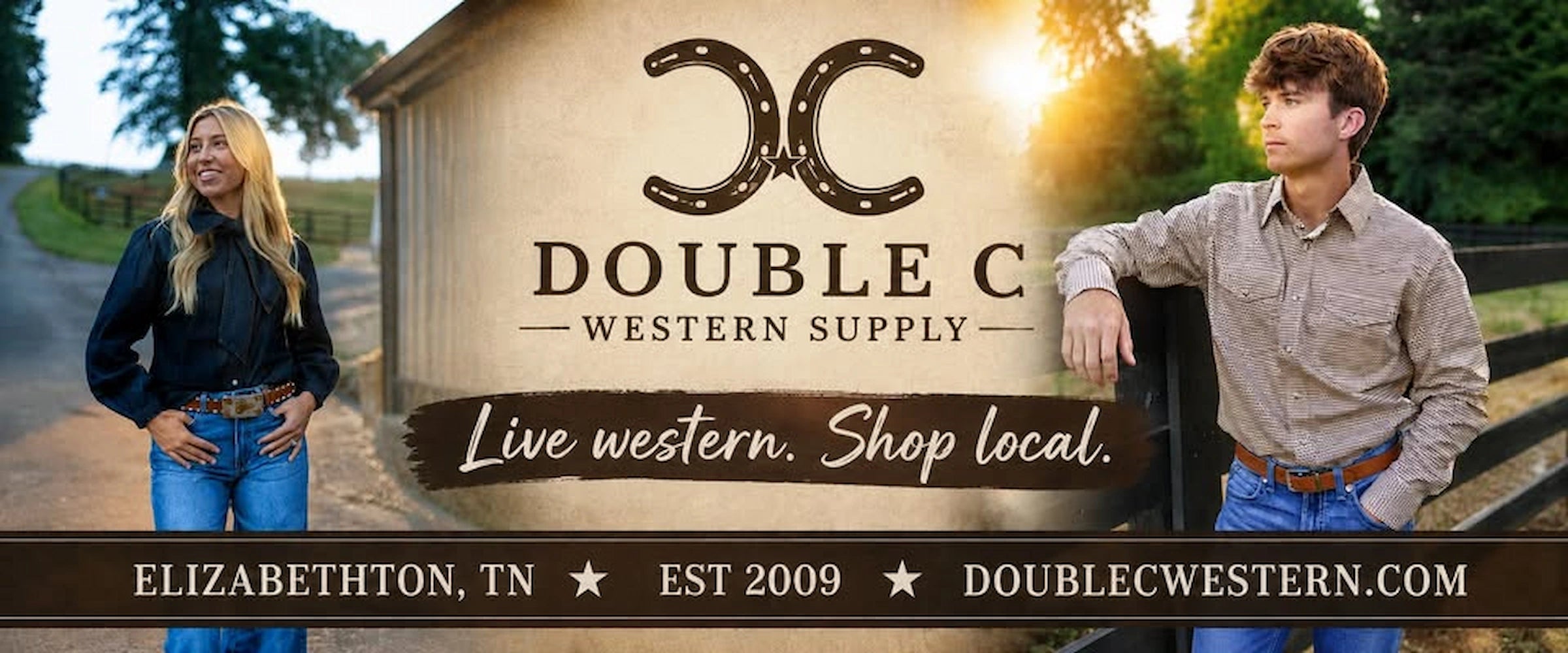 A promotional banner for Double C Western Supply featuring a rustic western-themed storefront at sunset, with a woman on the left and a man on the right. The center displays the Double C Western Supply logo and the tagline 'Live western.
