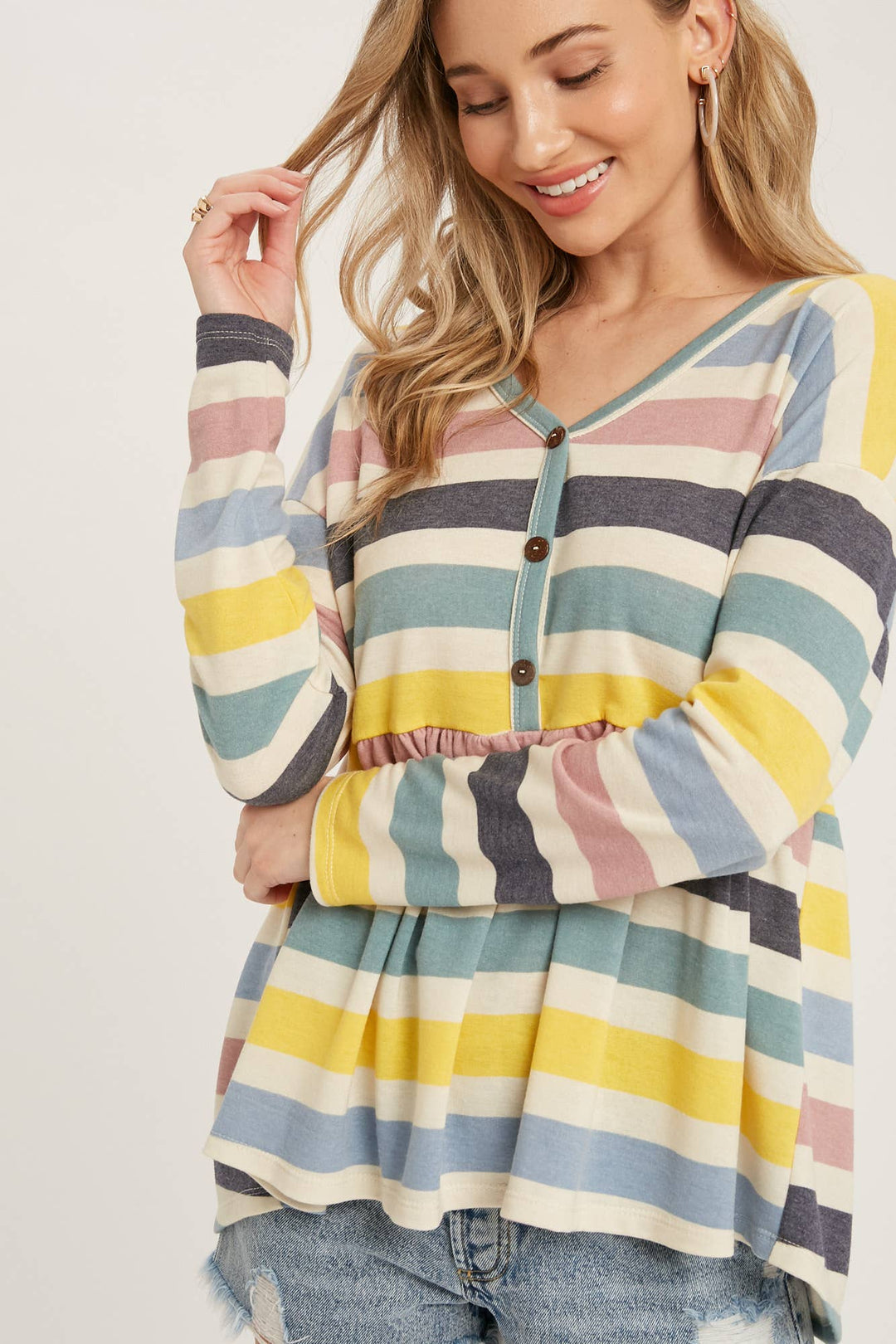 BUTTON FRONT MULTI STRIPE TOP Shirt 60% off Women's Bluivy