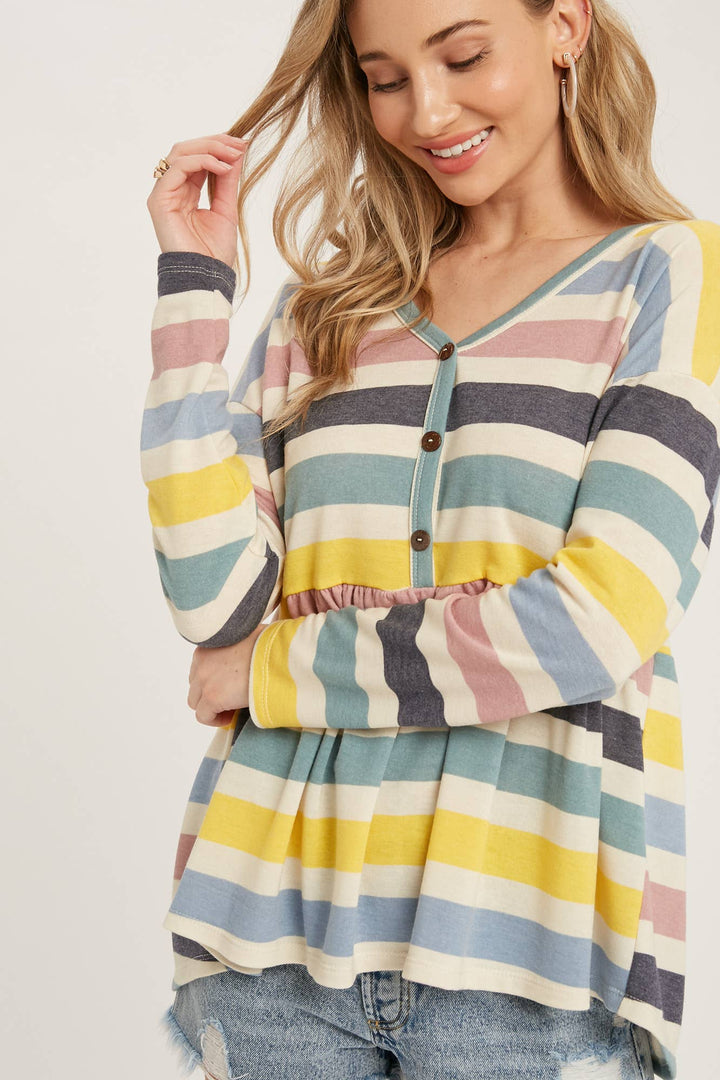 BUTTON FRONT MULTI STRIPE TOP Shirt 60% off Women's Bluivy