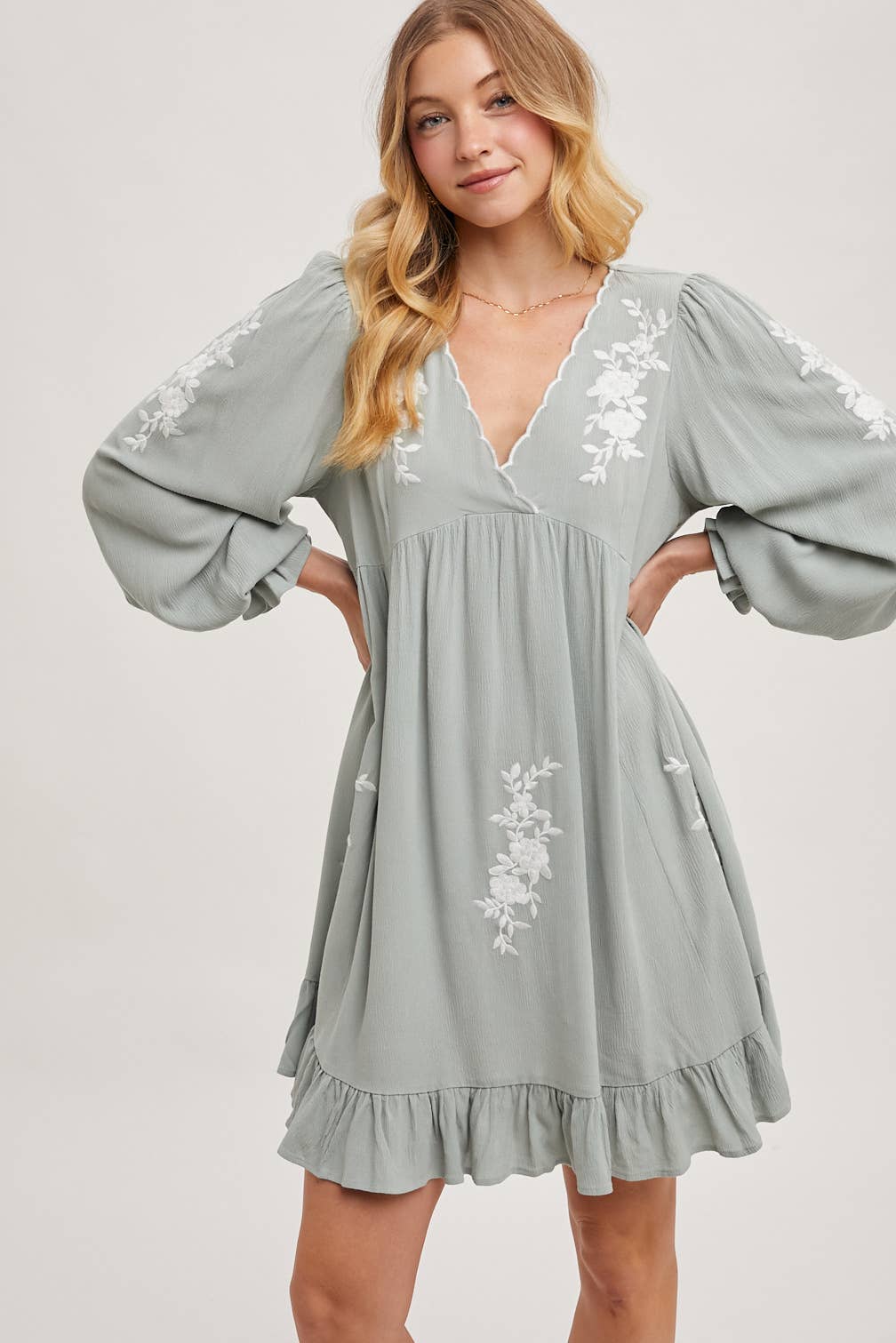 EMBROIDERED V-NECK RUFFLED DRESS dress Bluivy