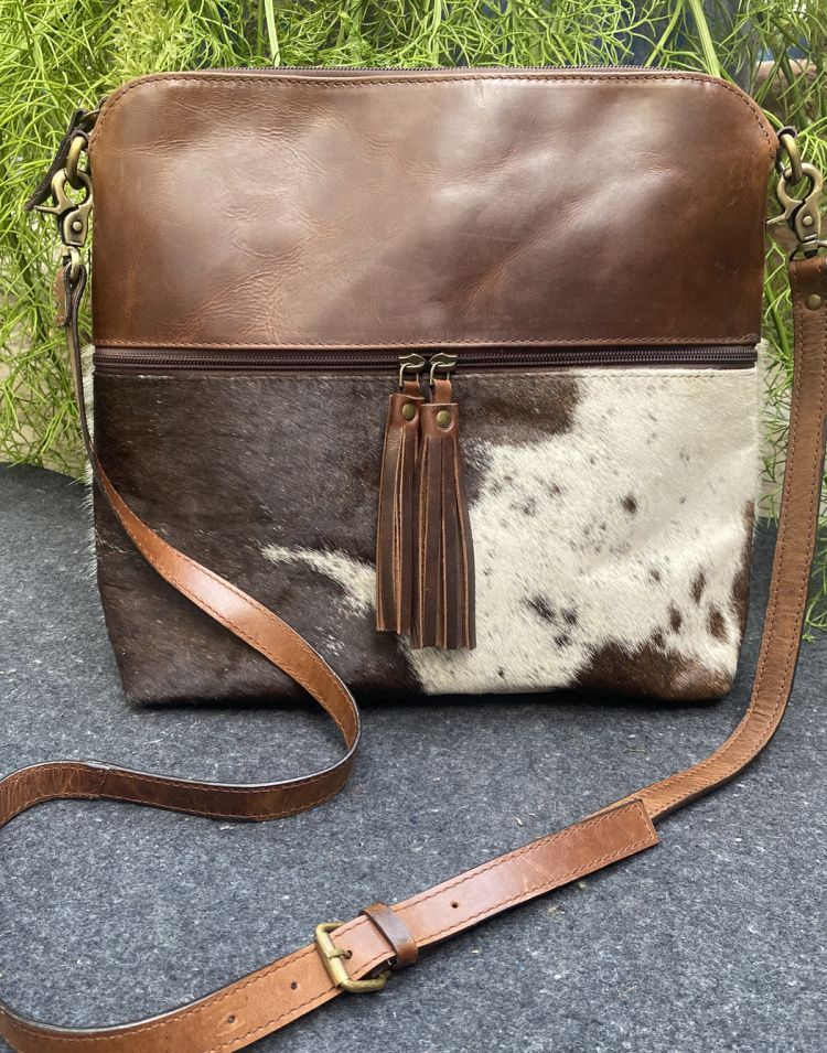Klassy Cowgirl Leather Crossbody Bag with hair on cowhide accent 77070