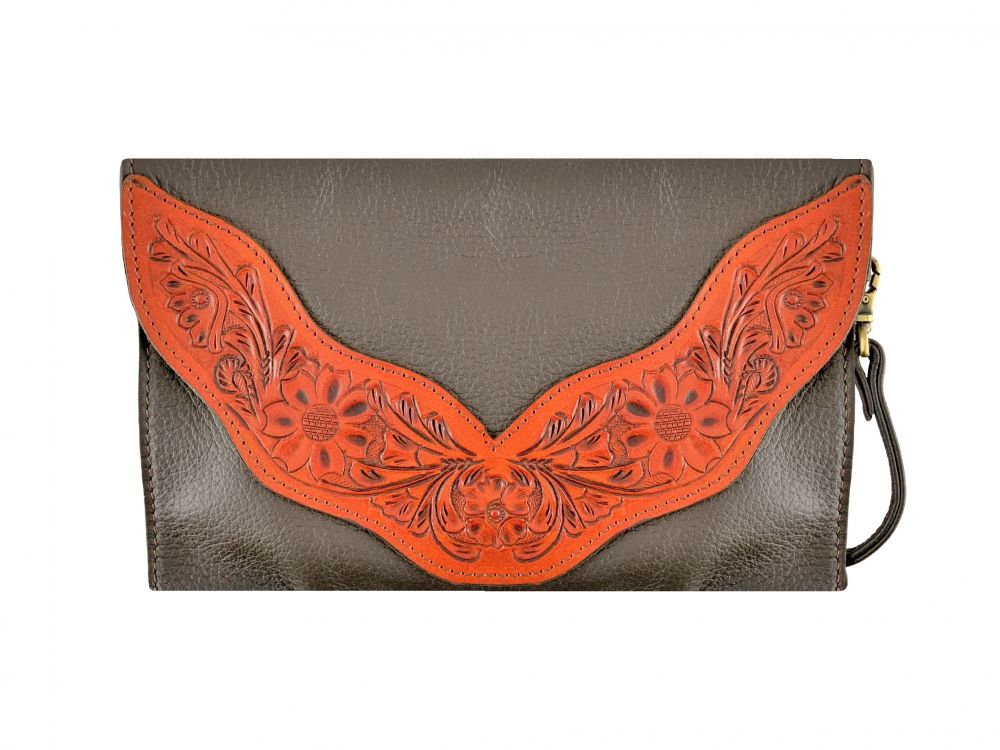 Klassy Cowgirl Leather Crossbody Bag with Medium Oil Floral Tooled Accent 77080