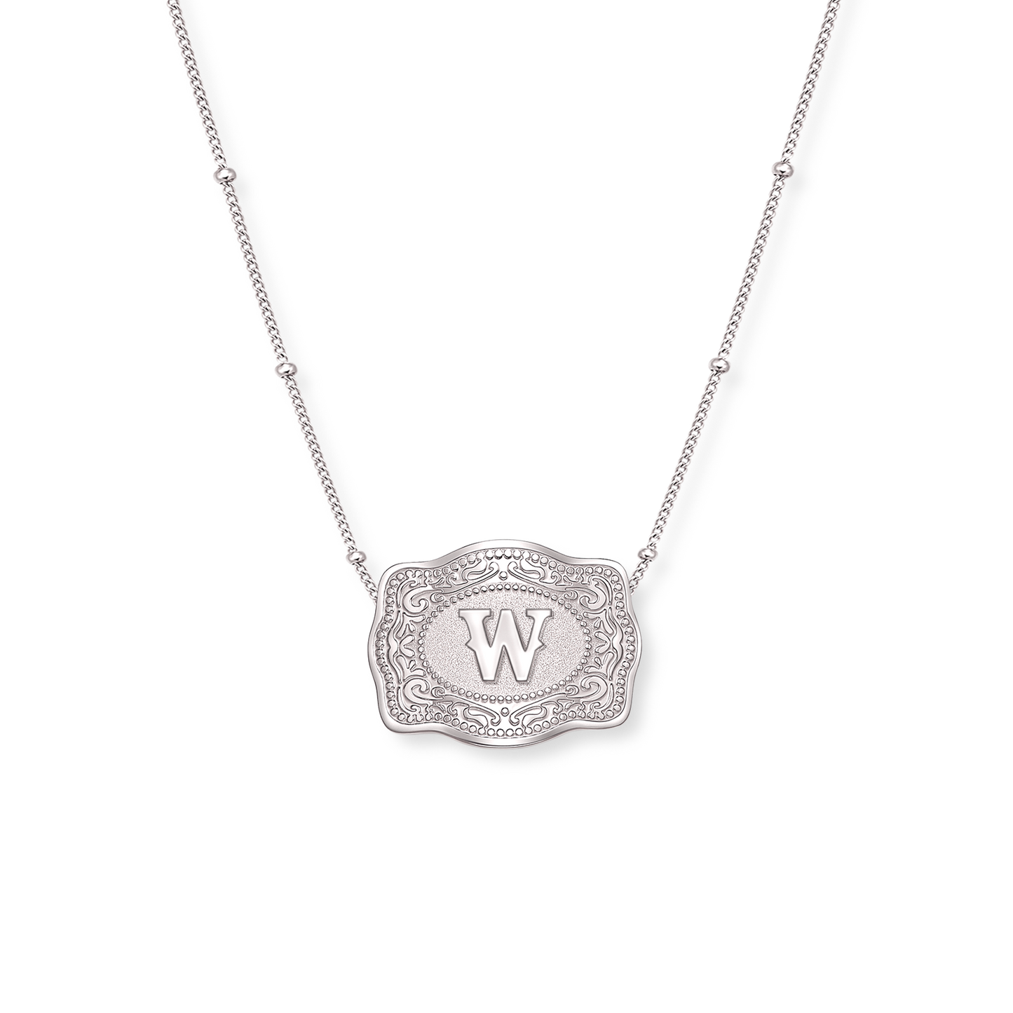 SpurWest Mini Belt Buckle Necklace (Initial) - Silver Silver Beaded Chain (16" + 2" extender) W SpurWest