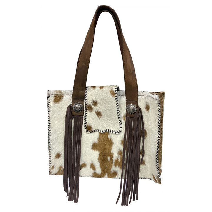 Klassy Cowgirl Brown & White Hair on Cowhide Shoulder Bag with Suede Fringe 78029