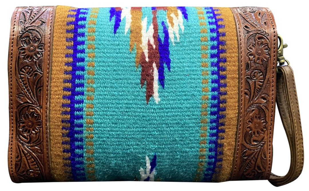 Klassy Cowgirl Tooled Leather and Wool Saddle Blanket Purse - teal 78034