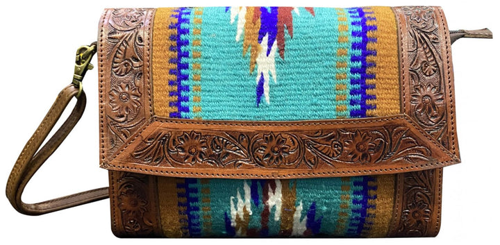Klassy Cowgirl Tooled Leather and Wool Saddle Blanket Purse - teal 78034