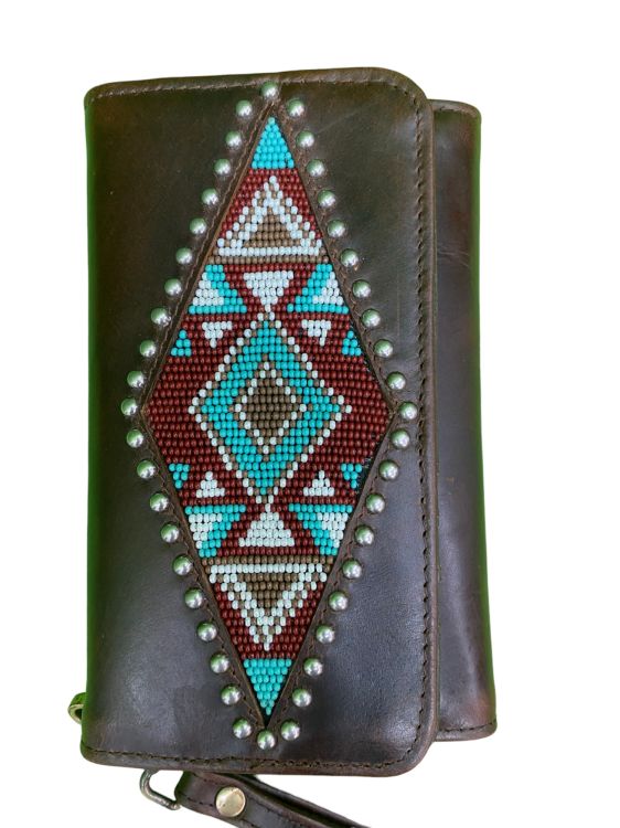 Klassy Cowgirl Leather Clutch Phone Wallet - Aztec Beaded 78204