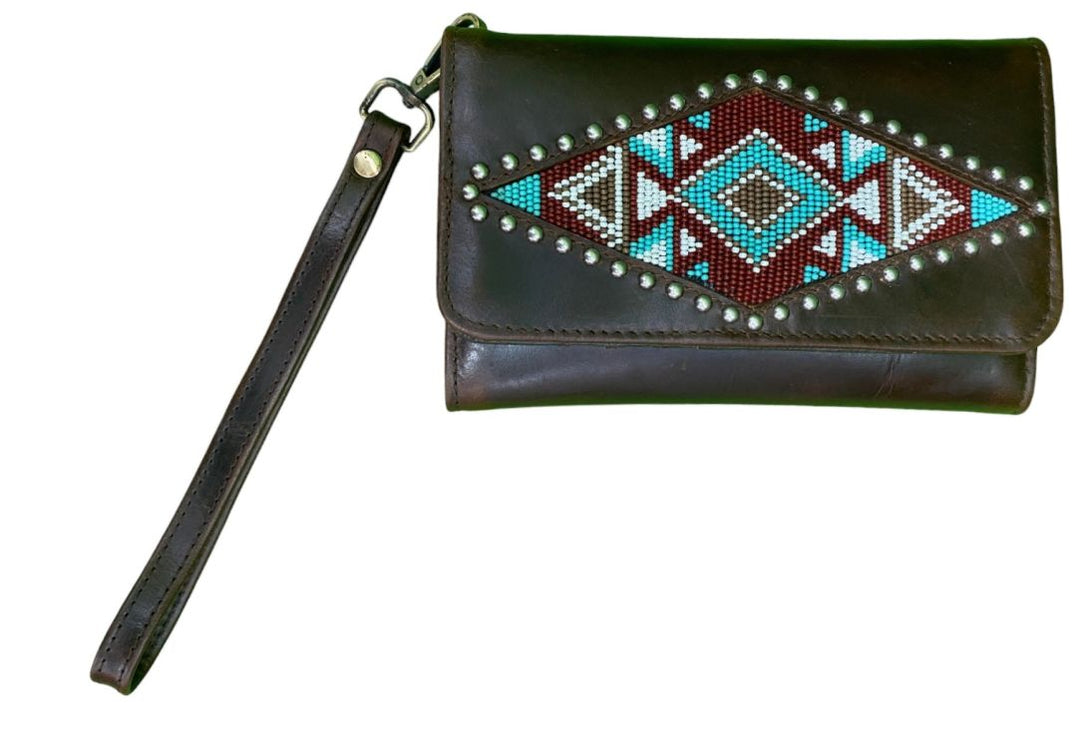 Klassy Cowgirl Leather Clutch Phone Wallet - Aztec Beaded 78204