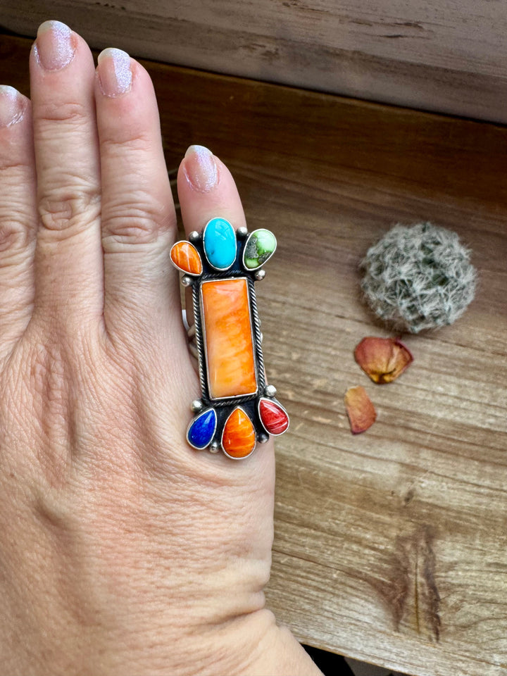 Long Ring- Size 5 - mix stone turquoise, spiny and sterling silver ring Shopify Collective The Bijoux FAB Jewelry The Bijoux FAB Jewelry