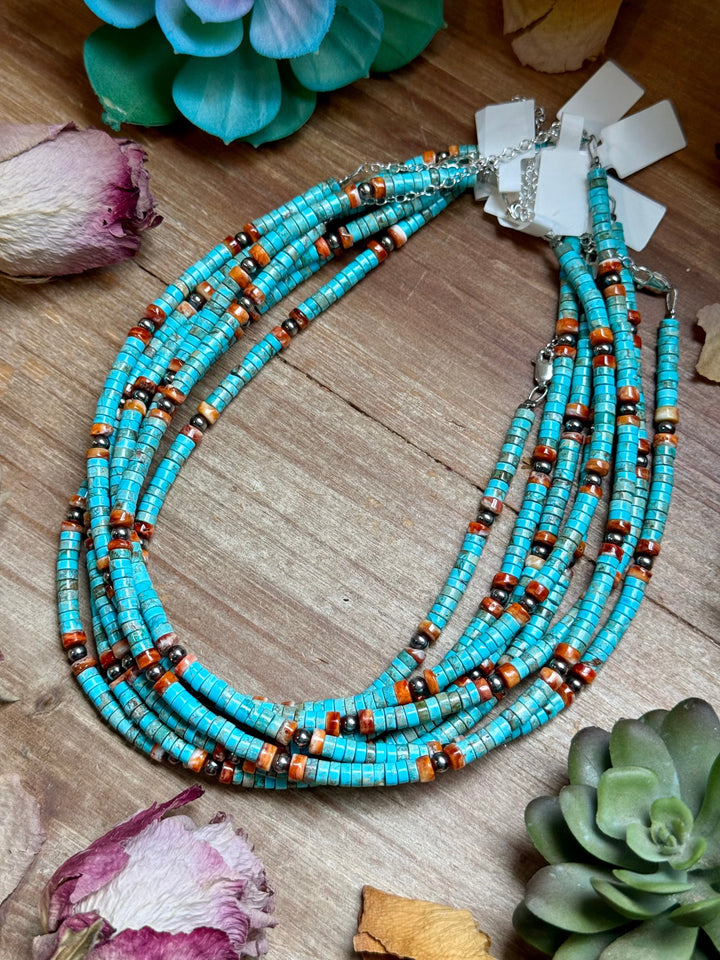 Turquoise & Spiny Oyster Heishi Necklace – 14” Necklaces Shopify Collective The Bijoux FAB Jewelry The Bijoux FAB Jewelry