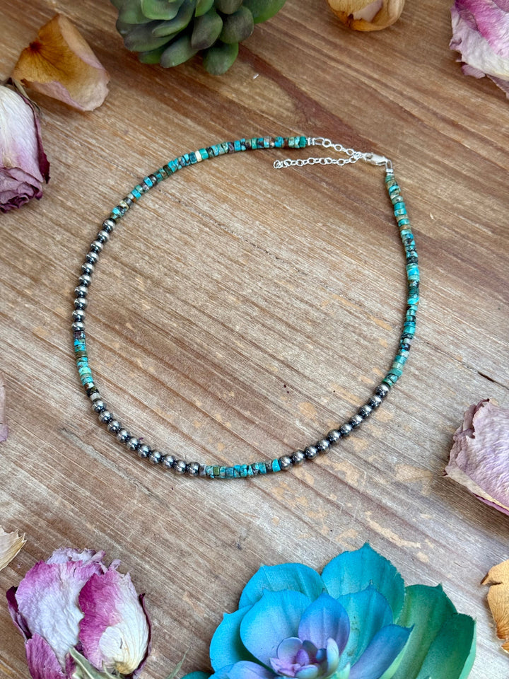 15” Heishi Turquoise Necklace – 4mm Turquoise & 5mm Sterling Silver Pearls Necklaces Shopify Collective The Bijoux FAB Jewelry The Bijoux FAB Jewelry