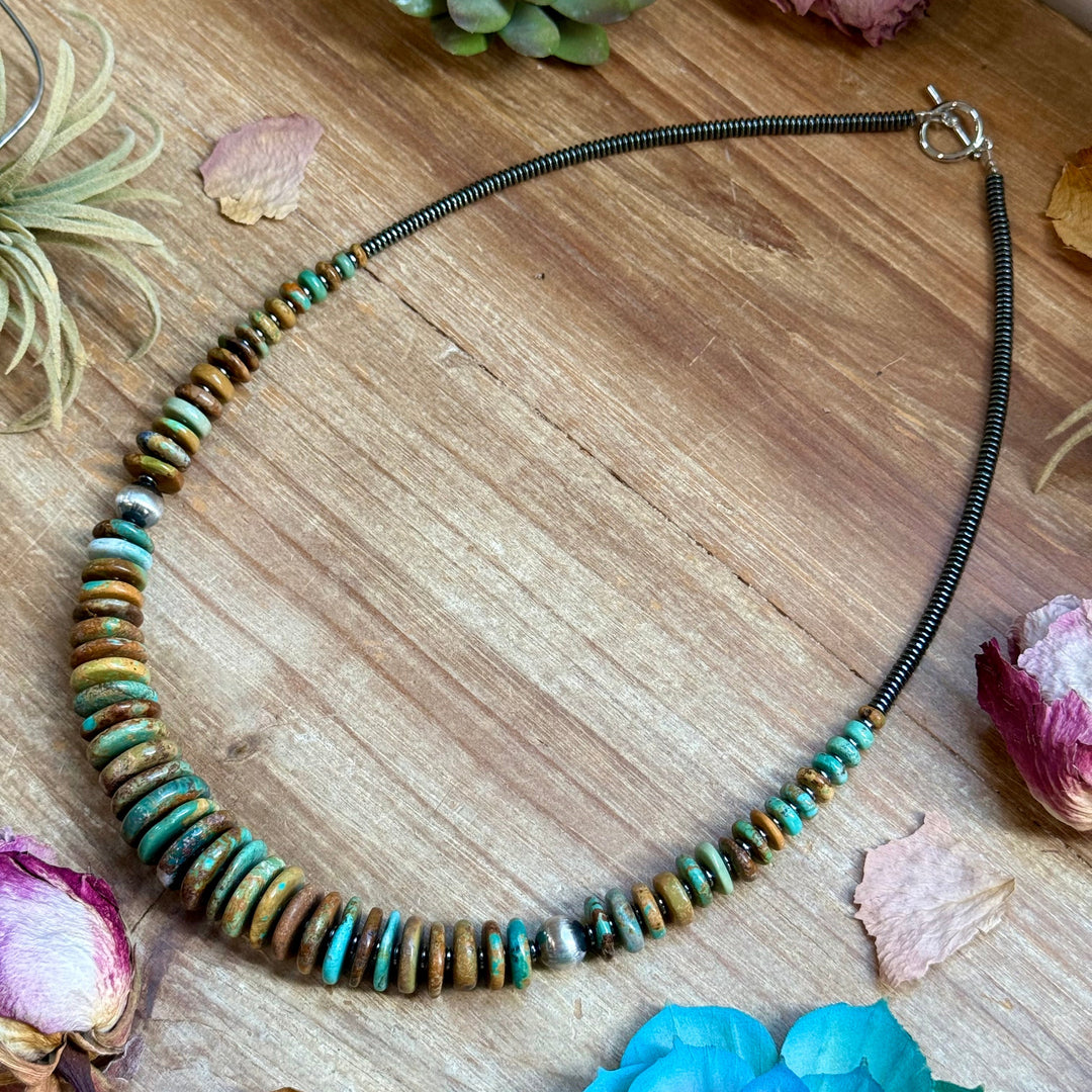 23” Dark Green Turquoise Graduated Necklace – Sterling Silver & Hematite Necklaces Shopify Collective The Bijoux FAB Jewelry The Bijoux FAB Jewelry