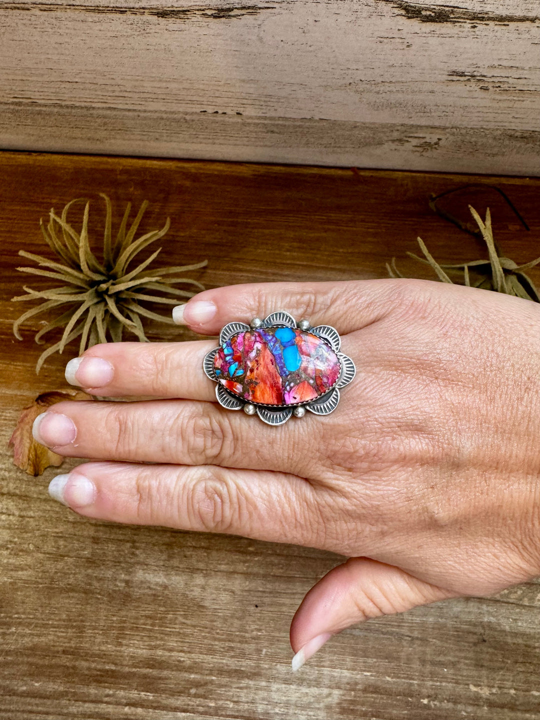 Adjustable Ring – Pink Dahlia Stone – Sterling Silver – Tia Long Navajo Handmade ring Shopify Collective The Bijoux FAB Jewelry The Bijoux FAB Jewelry