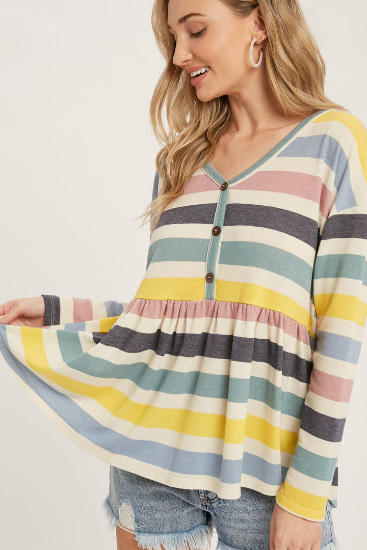 BUTTON FRONT MULTI STRIPE TOP Shirt 60% off Women's Bluivy