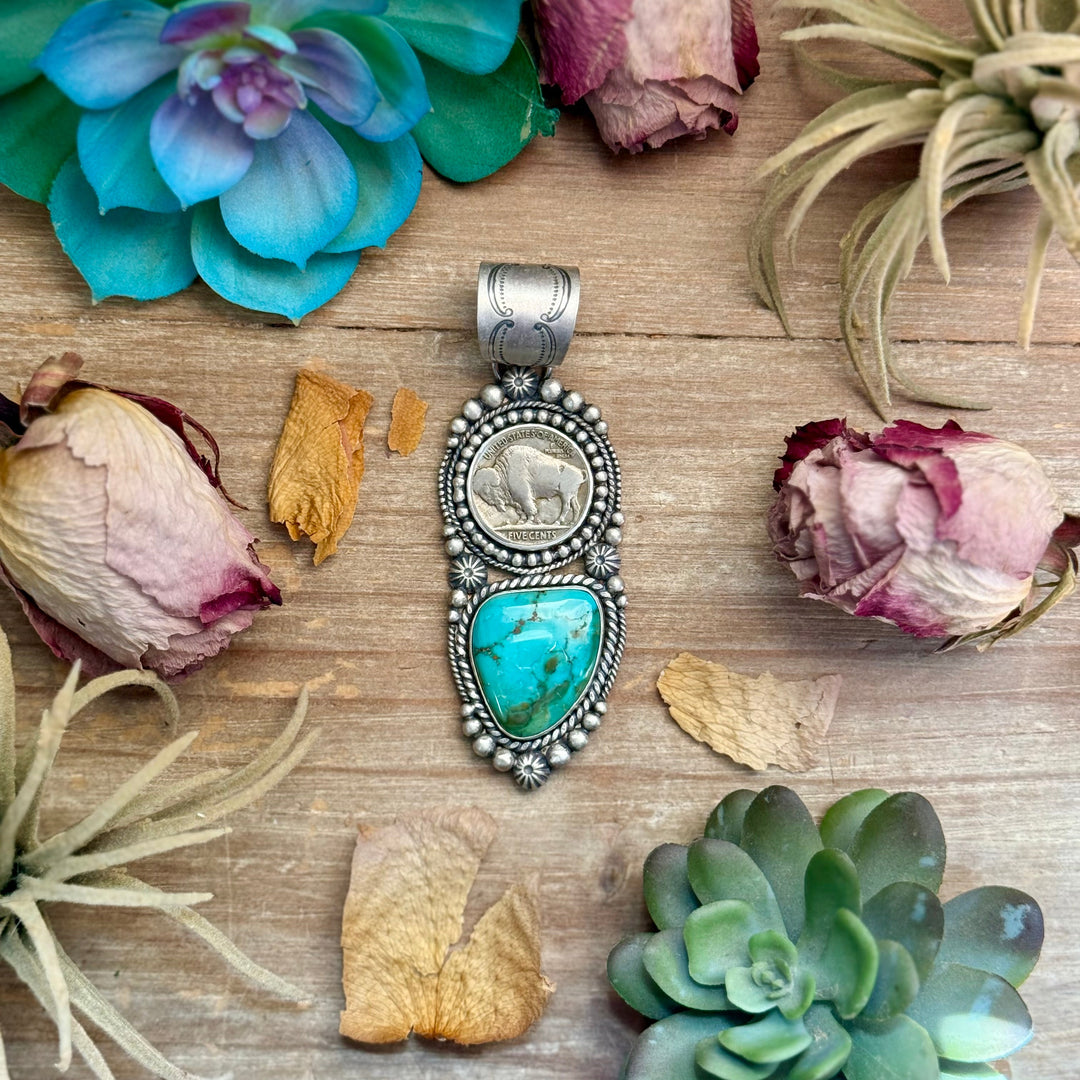 70 - Sterling Silver Pilot Mountain Turquoise & Buffalo Nickel Pendant by Shay Pfeiffer Pendant Shopify Collective The Bijoux FAB Jewelry The Bijoux FAB Jewelry