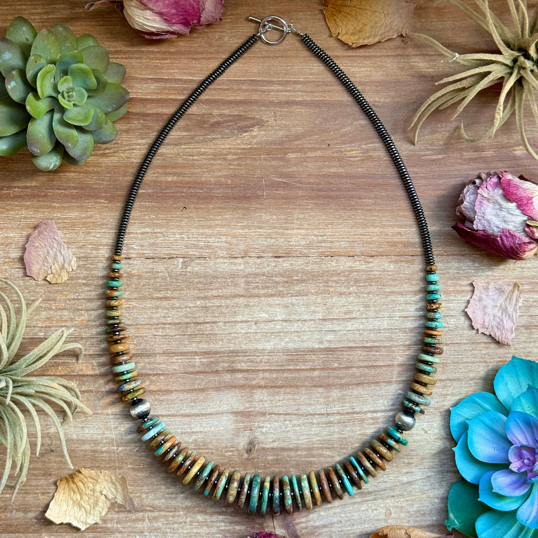 23” Dark Green Turquoise Graduated Necklace – Sterling Silver & Hematite Necklaces Shopify Collective The Bijoux FAB Jewelry The Bijoux FAB Jewelry
